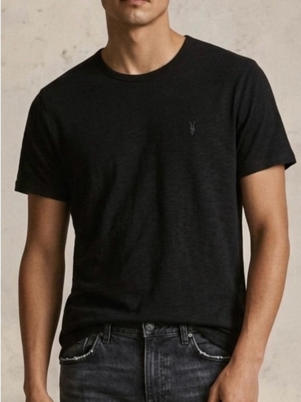 All Saints Black Crewneck Tee with Logo ESUM Short Sleeve Ribbed Knit Medium